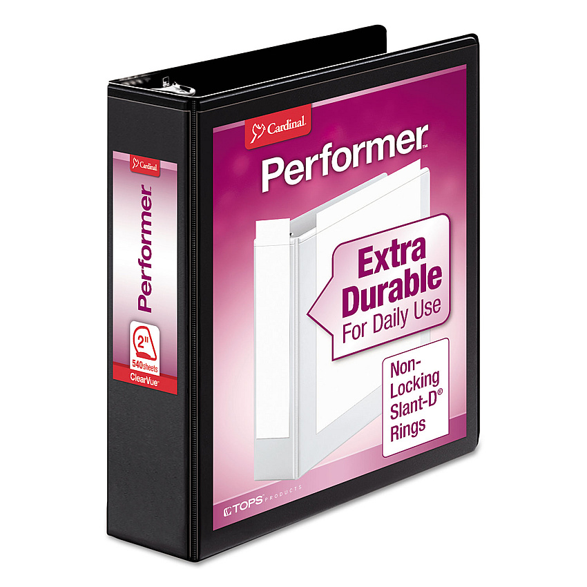 Cardinal Performer ClearVue Slant-D Ring Binder, 3 Rings, 2" Capacity, 11 x 8.5, Black (CRD17501)
