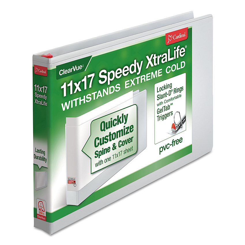 Cardinal Speedy XtraLife Non-Stick Locking Slant-D Ring Binder, 3 Rings, 1" Capacity, 11 x 17, White (CRD56200)