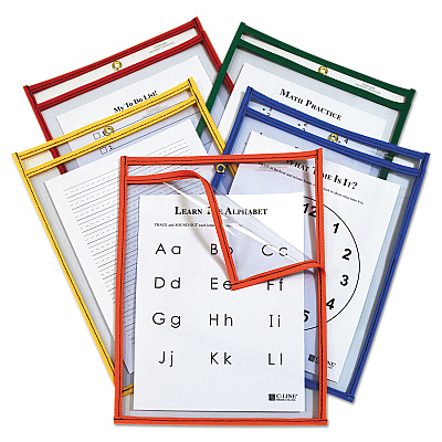 C-Line Reusable Dry Erase Pockets, Easy Load, 9 x 12, Assorted Primary Colors, 25/Pack (CLI42620)