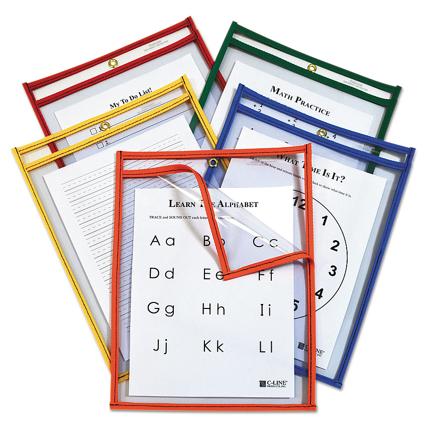 C-Line Reusable Dry Erase Pockets, Easy Load, 9 x 12, Assorted Primary Colors, 25/Pack (CLI42620)