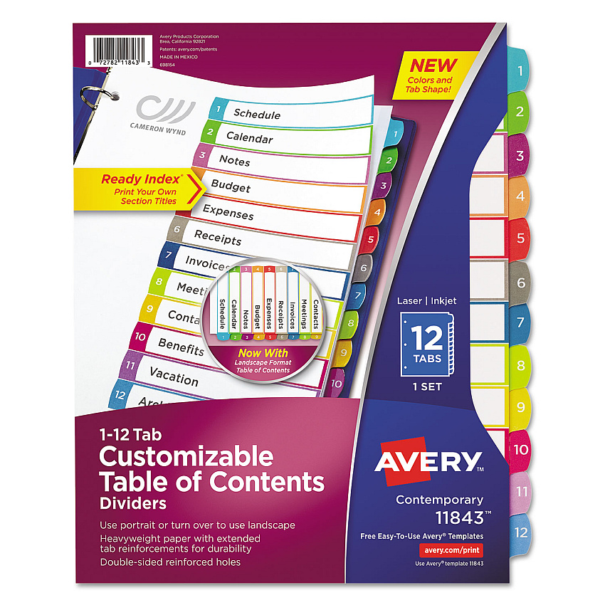Avery Customizable TOC Ready Index Multicolor Tab Dividers, 12-Tab, 1 to 12, 11 x 8.5, White, Contemporary Color Tabs, 1 Set (AVE11843)