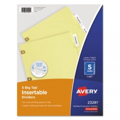 Avery Insertable Big Tab Dividers, 5-Tab, Single-Sided Copper Edge Reinforcing, 11 x 8.5, Buff, Clear Tabs, 1 Set (23281)