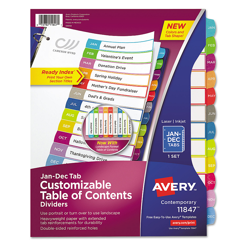 Avery Customizable TOC Ready Index Multicolor Tab Dividers, 12-Tab, Jan. to Dec., 11 x 8.5, White, Contemporary Color Tabs, 1 Set (AVE11847)