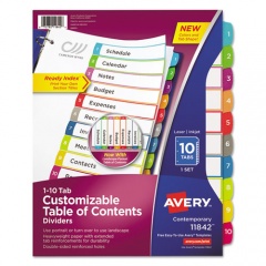Avery Customizable TOC Ready Index Multicolor Tab Dividers, 10-Tab, 1 to 10, 11 x 8.5, White, Contemporary Color Tabs, 1 Set (11842)