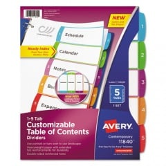 Avery Customizable TOC Ready Index Multicolor Tab Dividers, 5-Tab, 1 to 5, 11 x 8.5, White, Contemporary Color Tabs, 1 Set (11840)