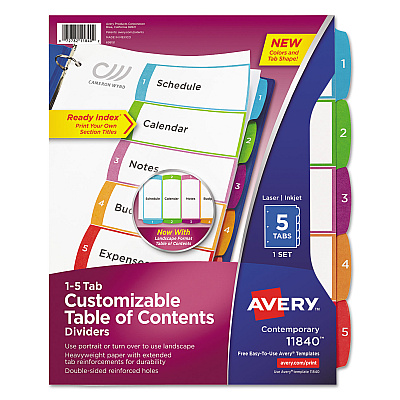 Avery Customizable TOC Ready Index Multicolor Tab Dividers, 5-Tab, 1 to 5, 11 x 8.5, White, Contemporary Color Tabs, 1 Set (AVE11840)