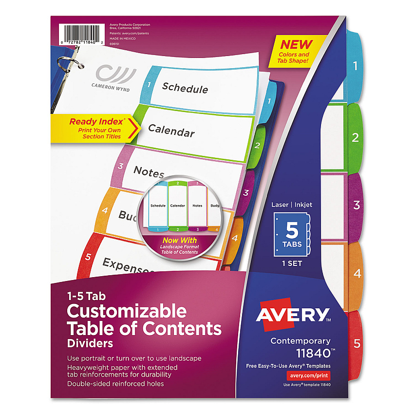 Avery Customizable TOC Ready Index Multicolor Tab Dividers, 5-Tab, 1 to 5, 11 x 8.5, White, Contemporary Color Tabs, 1 Set (AVE11840)
