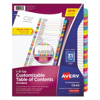 Avery Customizable TOC Ready Index Multicolor Tab Dividers, 31-Tab, 1 to 31, 11 x 8.5, White, Contemporary Color Tabs, 1 Set (11846)