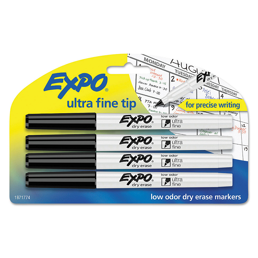 EXPO Low-Odor Dry-Erase Marker, Extra-Fine Bullet Tip, Black, 4/Pack (1871774K)
