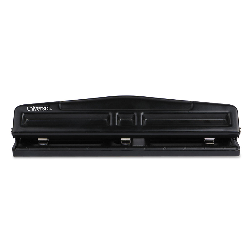 Universal 12-Sheet Deluxe Two- and Three-Hole Adjustable Punch, 9/32" Holes, Black (UNV74323)