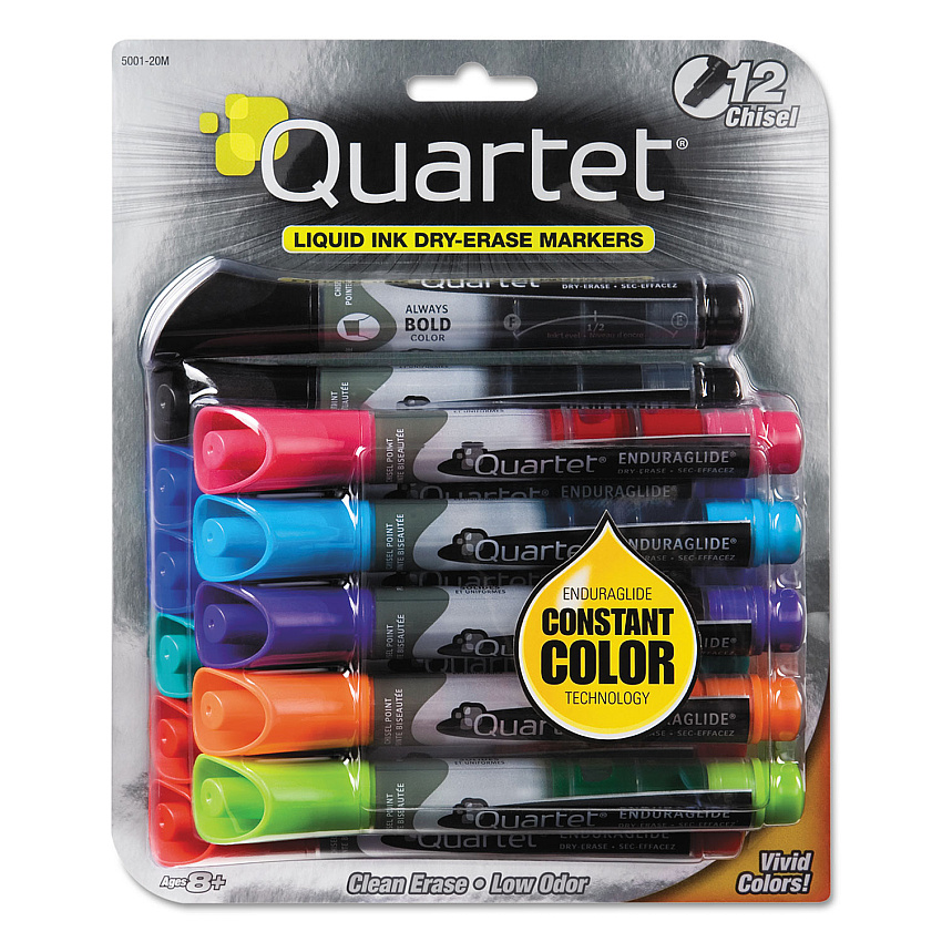 Quartet EnduraGlide Dry Erase Marker, Broad Chisel Tip, Nine Assorted Colors, 12/Set (QRT500120M)