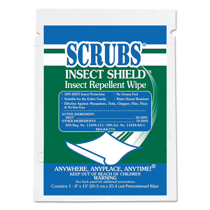 SCRUBS Insect Shield Insect Repellent Wipes, 8 x 10, Floral, 100/Carton (ITW91401)