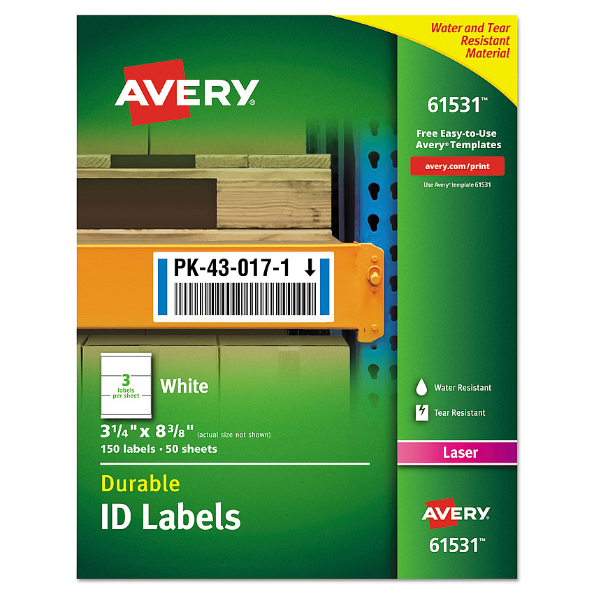 Avery Durable Permanent ID Labels with TrueBlock Technology, Laser Printers, 3.25 x 8.38, White, 3/Sheet, 50 Sheets/Pack (AVE61531)