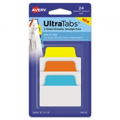 Avery Ultra Tabs Repositionable Tabs, Standard: 2" x 1.5", 1/5-Cut, Assorted Colors (Blue, Orange and Yellow), 24/Pack (74772)