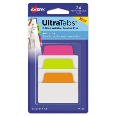 Avery Ultra Tabs Repositionable Tabs, Standard: 2" x 1.5", 1/5-Cut, Assorted Neon Colors, 24/Pack (74753)