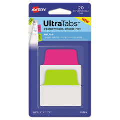Avery Ultra Tabs Repositionable Tabs, Big Tabs: 2" x 1.75", 1/5-Cut, Assorted Neon Colors, 20/Pack (74764)