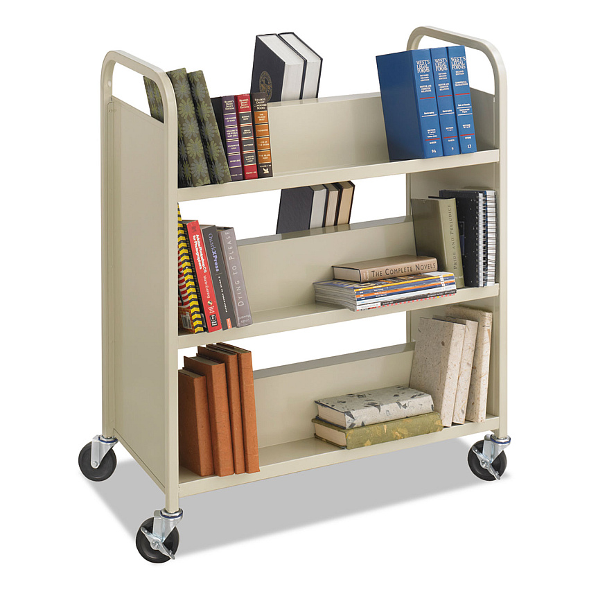 Safco Steel Double-Sided Book Cart, Metal, 6 Shelves, 300 lb Capacity, 36" x 18.5" x 43.5", Sand (SAF5357SA)