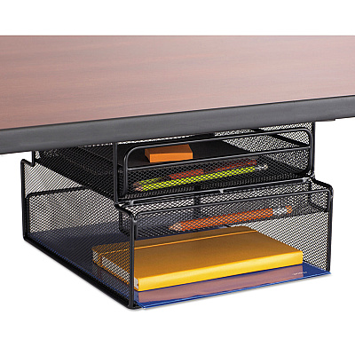 Safco Onyx Hanging Organizer with Drawer, Under Desk Mount, 3 Compartments, Steel Mesh, 12.33 x 10 x 7.25, Black (SAF3244BL)