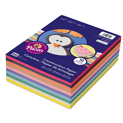 Pacon Rainbow Super Value Construction Paper Ream, 45 lb Text, 9 x 12, Assorted, 500/Pack (PAC6555)