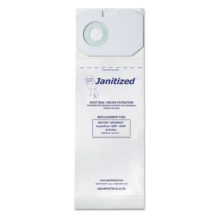 Janitized Vacuum Filter Bags Designed to Fit Nilfisk CarpeTwin Upright 16XP/20XP, 100/Carton (APCJANNFCPTW162)