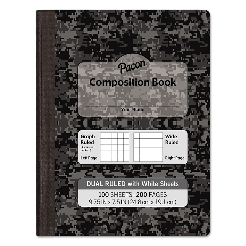 Pacon Composition Book, 20 lb Bond Weight Sheets, Wide/Legal Rule, Black Cover, (100) 9.75 x 7.5 Sheets (PACMMK37164)