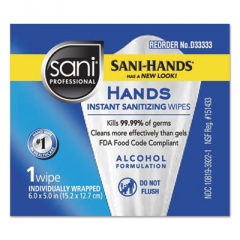 Sani Professional HANDS INSTANT SANITIZING WIPES, 5 X 7 3/4, 3000 PACKETS/CARTON (D33333)