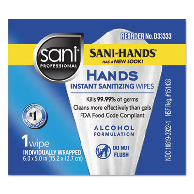 Sani Professional HANDS INSTANT SANITIZING WIPES, 5 X 7 3/4, 3000 PACKETS/CARTON (NICD33333)