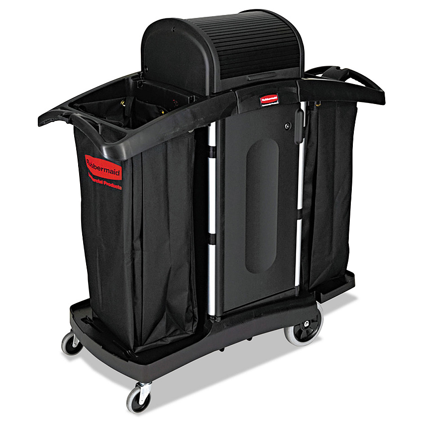 Rubbermaid Commercial High-Security Housekeeping Cart, Plastic, 3 Shelves, 2 Bins, 22" x 51.75" x 53.5", Black/Silver (RCP9T78)