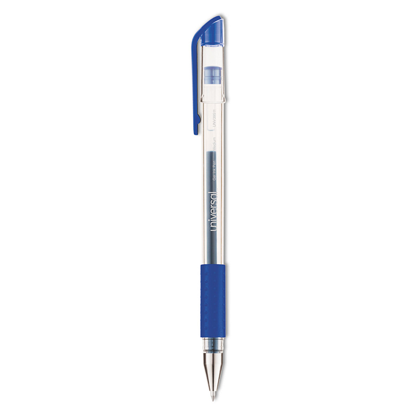 Universal Comfort Grip Gel Pen, Stick, Medium 0.7 mm, Blue Ink, Clear/Blue Barrel, Dozen (UNV39511)