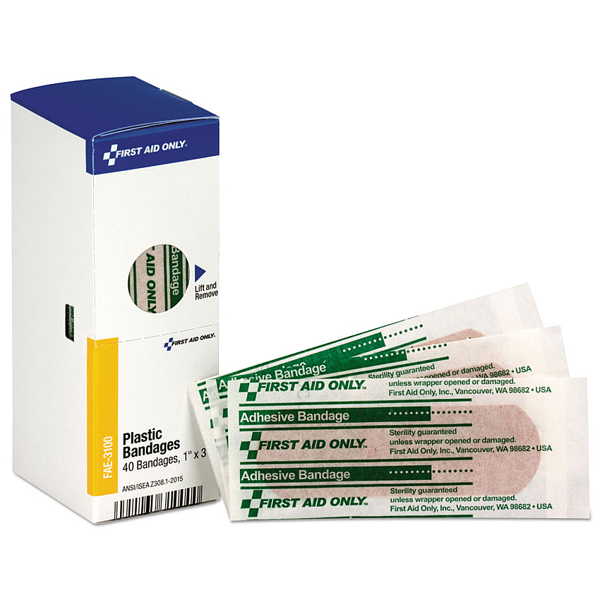 First Aid Only Refill for SmartCompliance General Business Cabinet, Plastic Bandages, 1 x 3, 40/Box (FAOFAE3100)