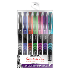 Zebra Fountain Pen, Fine 0.6 mm, Assorted Ink and Barrel Colors, 7/Pack (ZEB48307)
