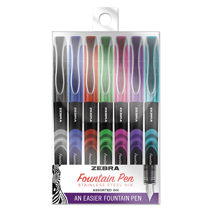 Zebra Fountain Pen, Fine 0.6 mm, Assorted Ink and Barrel Colors, 7/Pack (ZEB48307)