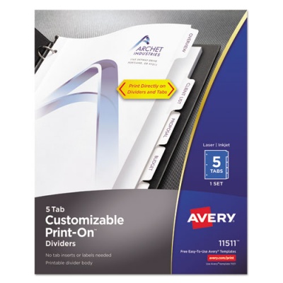 Avery Customizable Print-On Dividers, 3-Hole Punched, 5-Tab, 11 x 8.5, White, 1 Set (11511)