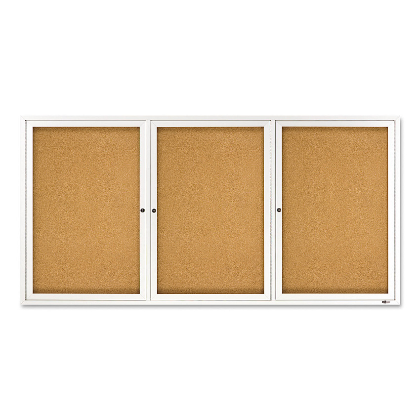 Quartet Enclosed Indoor Cork Bulletin Board with Three Hinged Doors, 72 x 36, Tan Surface, Silver Aluminum Frame (QRT2366)