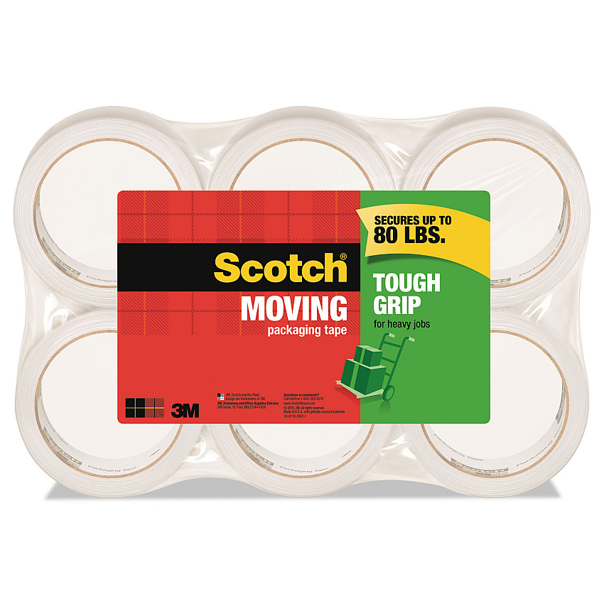 Scotch Tough Grip Moving Packaging Tape, 3" Core, 1.88" x 54.6 yds, Clear, 6/Pack (MMM35006ESF)