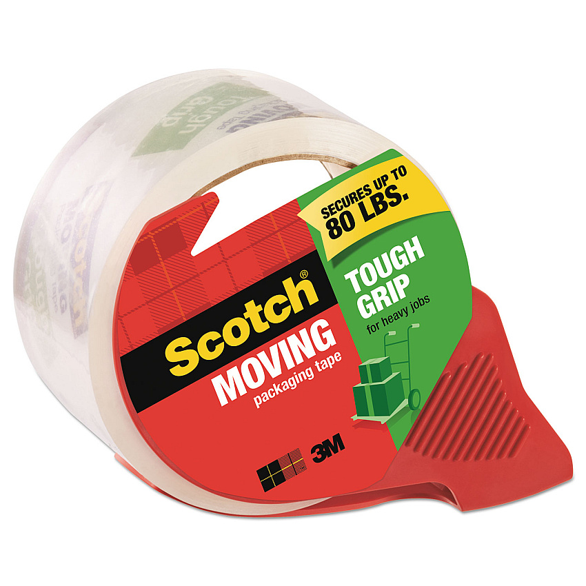 Scotch Tough Grip Moving Packaging Tape with Dispenser, 3" Core, 1.88" x 54.6 yds, Clear (MMM3500RD)