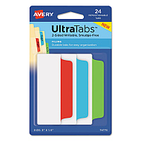 Avery Ultra Tabs Repositionable Tabs, Wide and Slim: 3" x 1.5", 1/3-Cut, Assorted Colors, 24/Pack (AVE74775)
