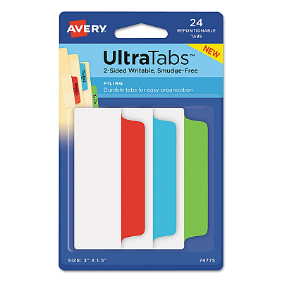 Avery Ultra Tabs Repositionable Tabs, Wide and Slim: 3" x 1.5", 1/3-Cut, Assorted Colors, 24/Pack (AVE74775)