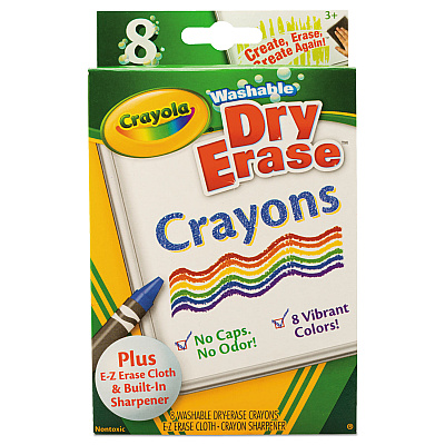 Crayola Washable Dry Erase Crayons w/E-Z Erase Cloth, Assorted Colors, 8/Pack (CYO985200)
