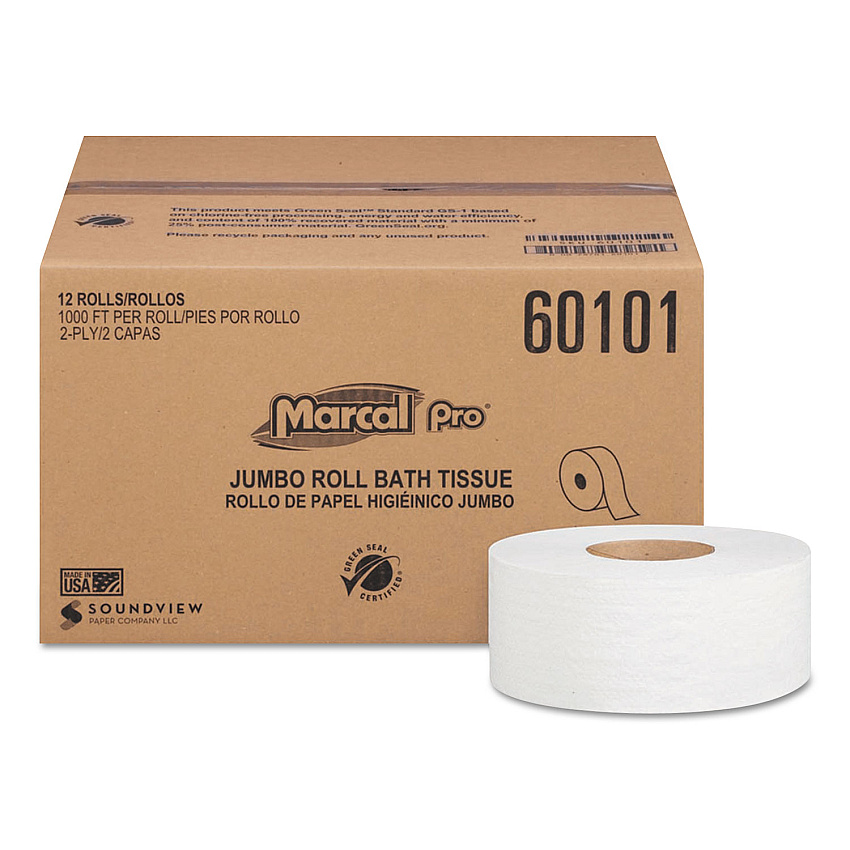 Marcal PRO 100% Recycled Bathroom Tissue, Septic Safe, 2-Ply, White, 3.3" x 1,000 ft, 12 Rolls/Carton (MRC60101)