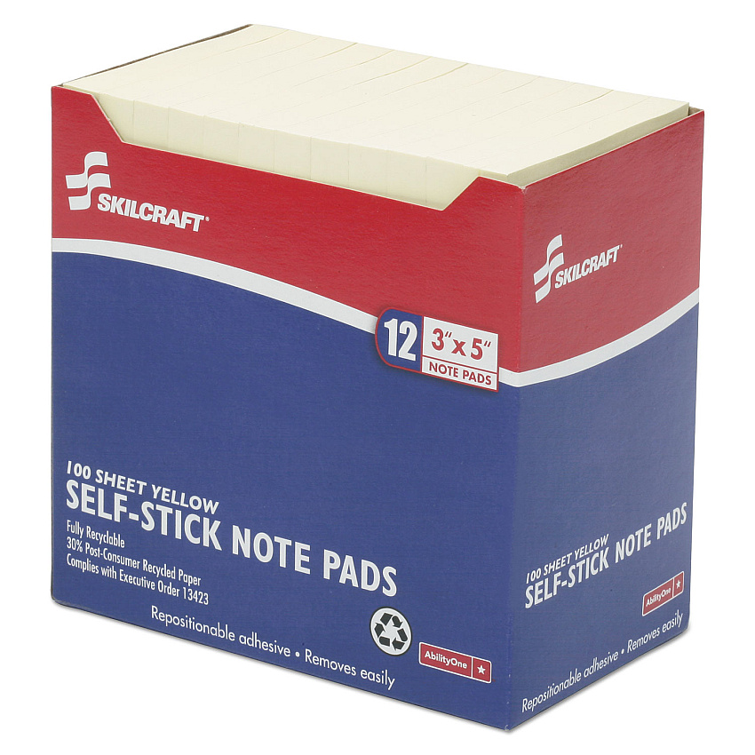 AbilityOne 7530011167865, SKILCRAFT Self-Stick Note Pad, 3" x 5", Yellow, 100 Sheets/Pad, 12 Pads/Pack