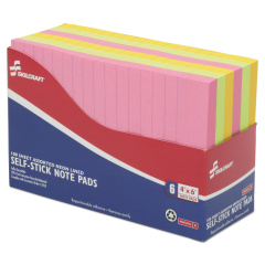 AbilityOne 7530014181212 SKILCRAFT Self-Stick Note Pads, Note Ruled, 4" x 6", Assorted Neon Colors, 100 Sheets/Pad, 6 Pads/Pack