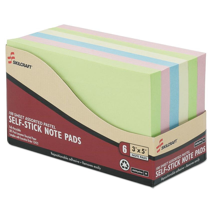 AbilityOne 7530014560683, SKILCRAFT Self-Stick Note Pad Set, 3" x 5", Assorted Colors, 100 Sheets/Pad, 6 Pads/Pack