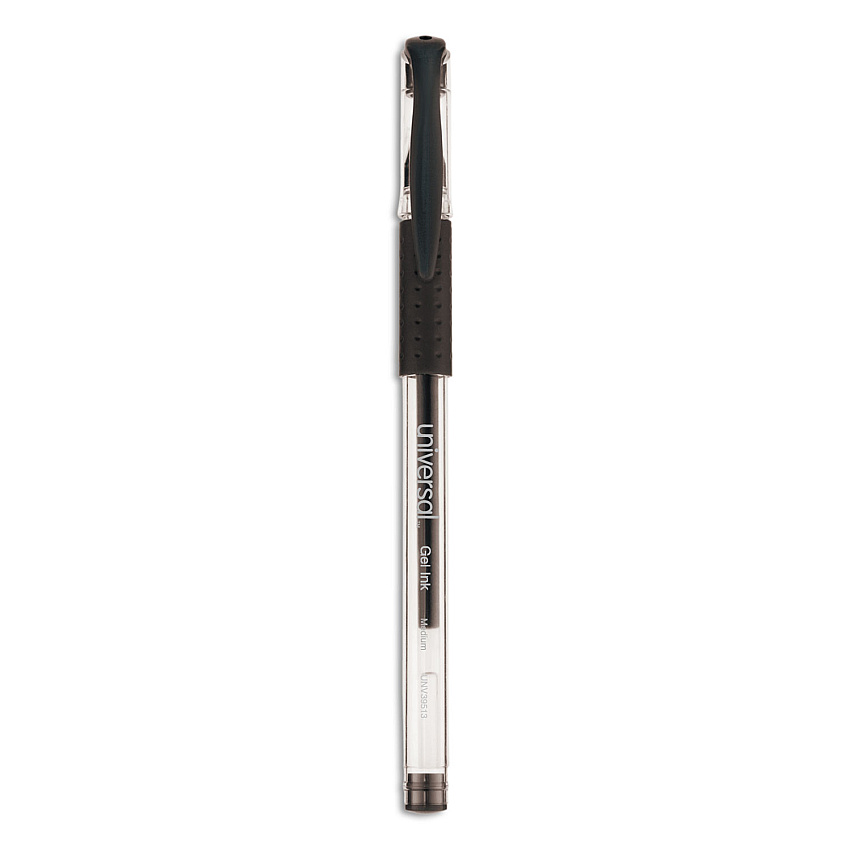 Universal Comfort Grip Gel Pen, Stick, Medium 0.7 mm, Black Ink, Clear/Black Barrel, 60/Pack (UNV39513)