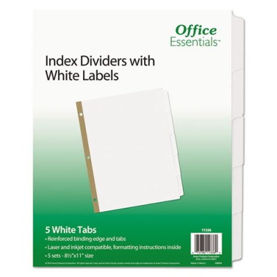 Office Essentials Index Dividers with White Labels, 5-Tab, 11 x 8.5, White, 5 Sets (11336)