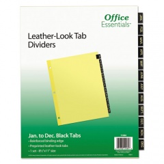 Office Essentials Preprinted Black Leather Tab Dividers, 12-Tab, Jan. to Dec., 11 x 8.5, Buff, 1 Set (11484)