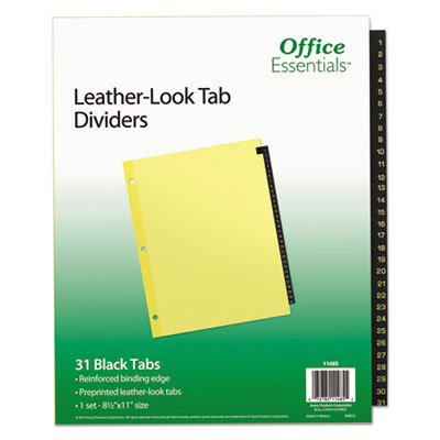 Office Essentials Preprinted Black Leather Tab Dividers, 31-Tab, 1 to 31, 11 x 8.5, Buff, 1 Set (11485)