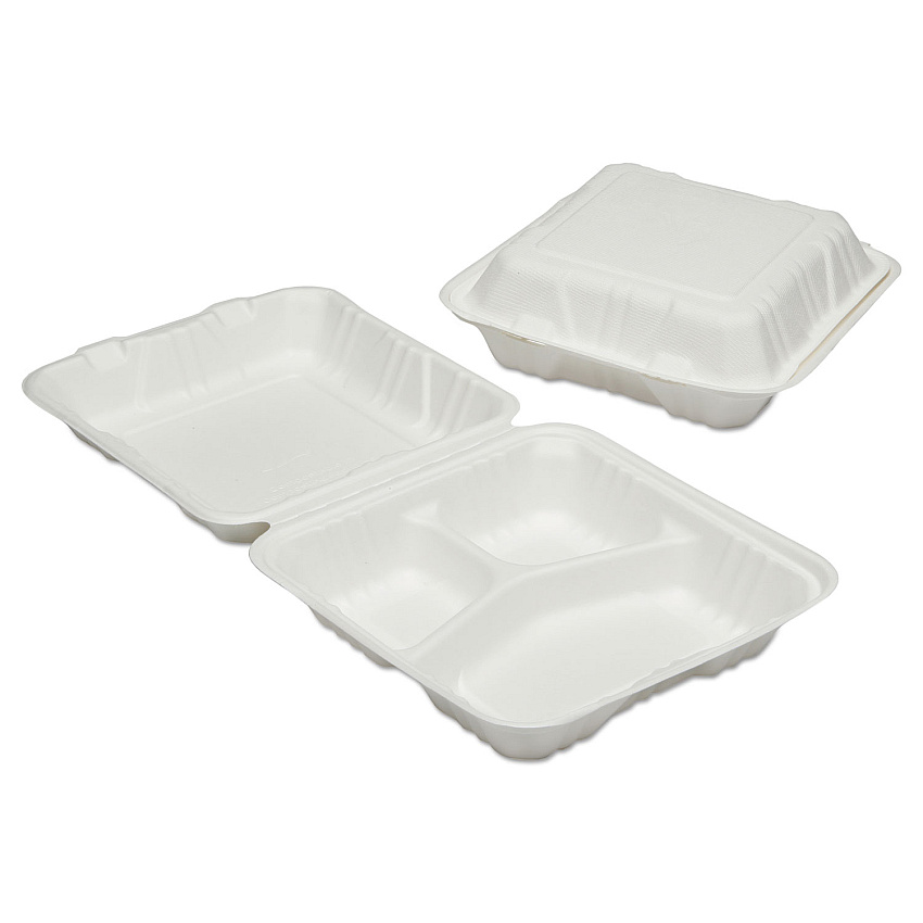 AbilityOne 7350016646909, SKILCRAFT Clamshell Hinged Lid ToGo Food Containers, 3 Compartment, 9 x 9 x 3, White, Paper, 200/Box