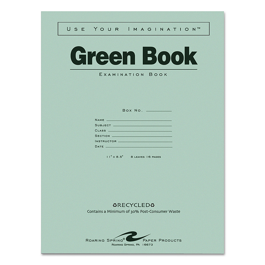 Roaring Spring Green Books Exam Books, Wide/Legal Rule, Green Cover, (8) 11 x 8.5 Sheets (77509)