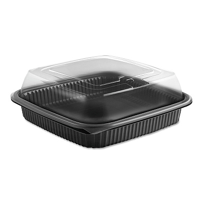 Anchor Packaging Culinary Squares 2-Piece Microwavable Container, Deep Lid, 36 oz, 8.46 x 8.46 x 2.91, Clear/Black, Plastic, 150/Carton (ANZ4118515)